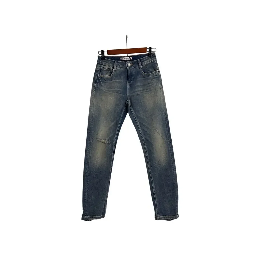 Zara Vintage Wash Straight Leg Distressed Denim Blue Jeans Size 00